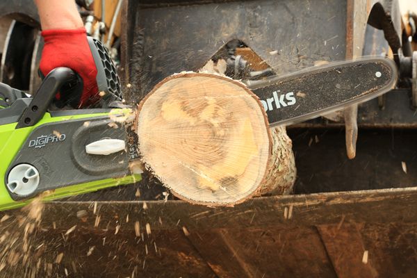 пилить бревно цепной пилой гринворкс