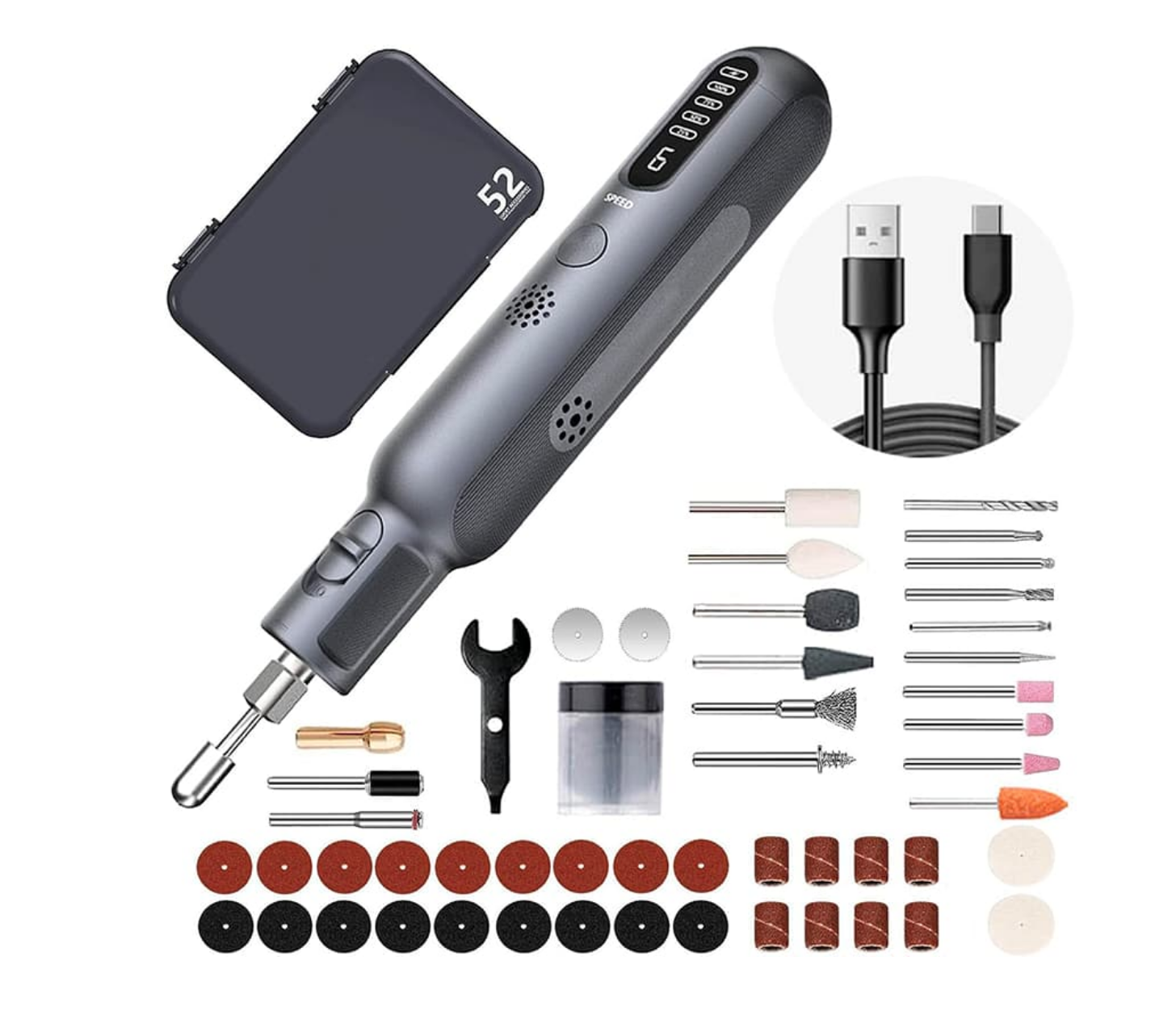 Гравёр аккумуляторный Greenworks 8V, GPT-8VRT 3200707, с оснасткой (52 шт.), в кейсе