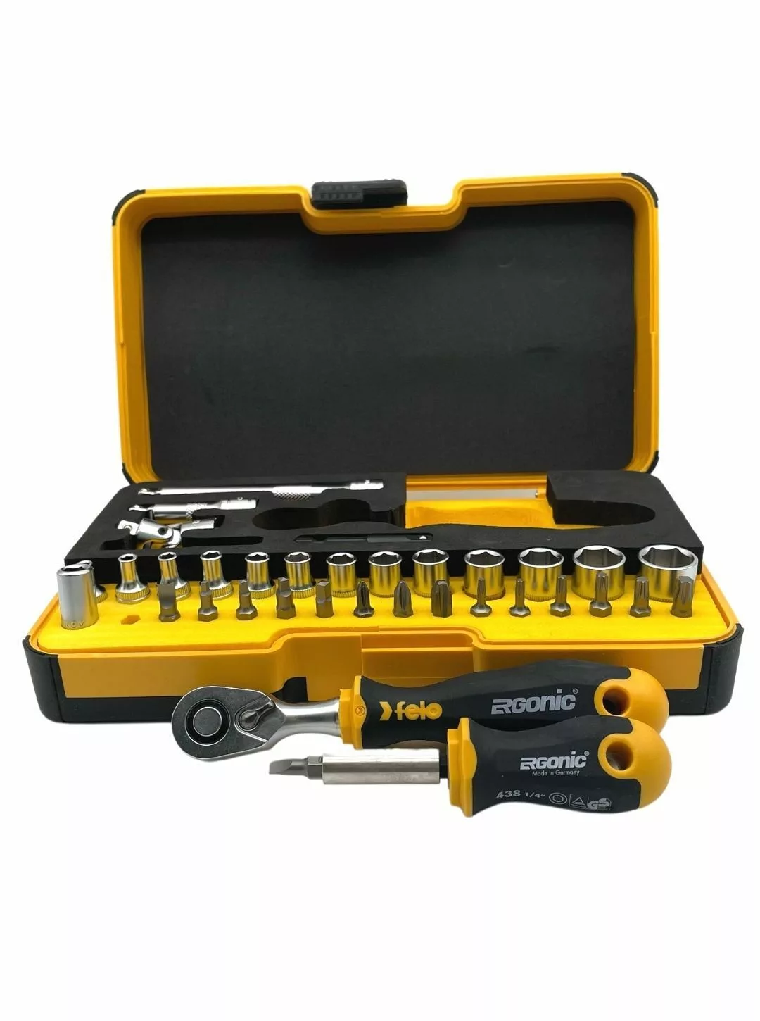 Набор бит SL/ND/PH/Tx/SQ/BH/MS с трещоткой и рукояткой ERGONIC в кейсе, 36 шт FELO 057 836 56