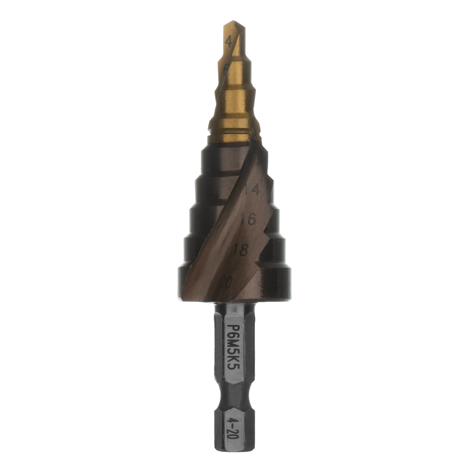 Сверло ступенчатое 4-6-8-10-12-14-16-18-20 мм, Р6М5К5, шестигранный хвостовик Denzel