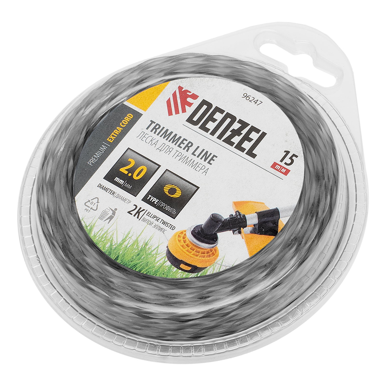 Леска для триммера двухкомпонентная эллипс, 2,0мм х 15м, блистер EXTRA CORD, Denzel
