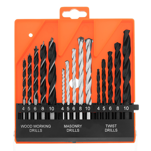 Набор свёрел по бетону, металлу, дереву 4-5-6-8-10 мм, 15 шт, пластиковый бокс, цилиндрический хвостовик