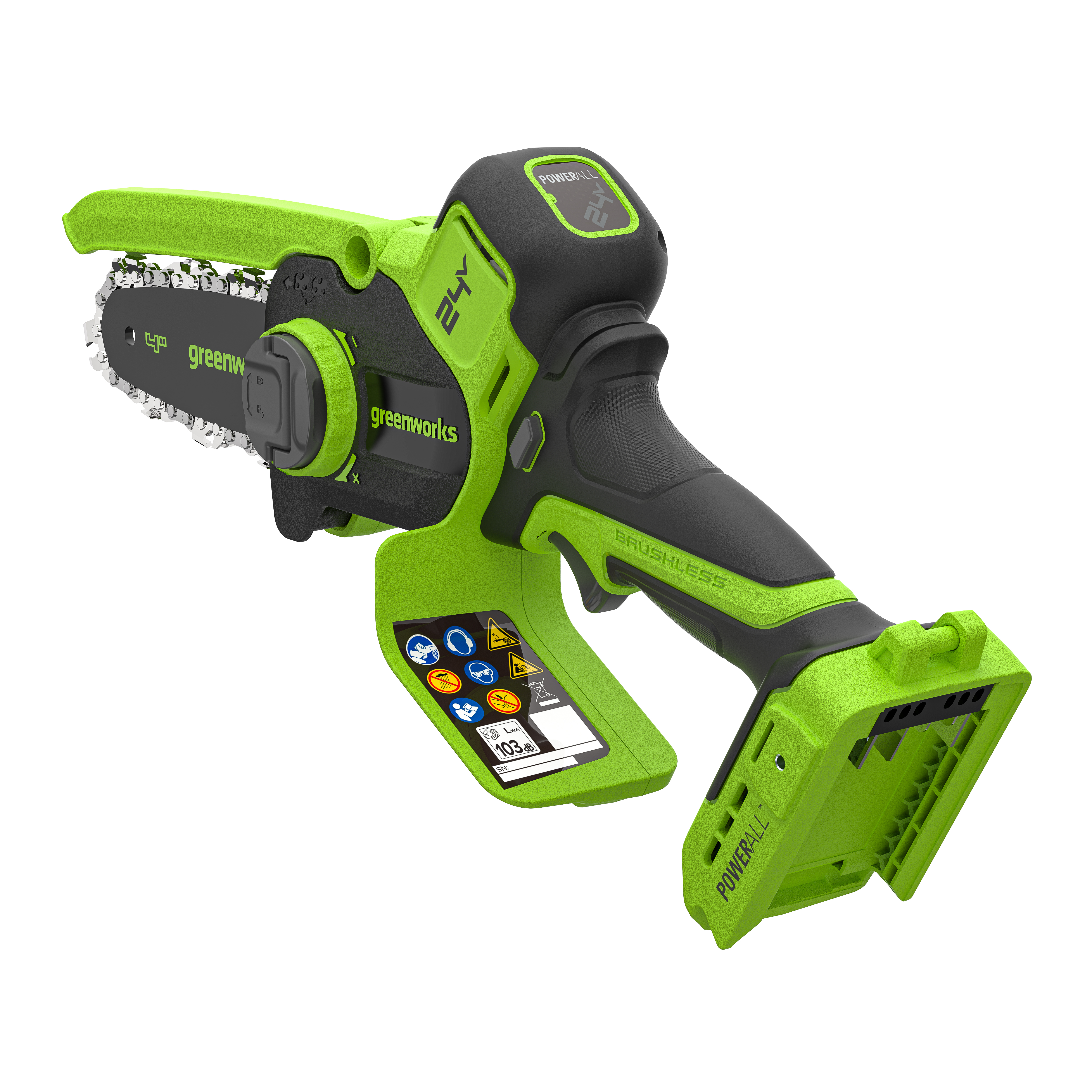 Мини-пила аккумуляторная цепная Greenworks 10 см 24V CS2410A с автоматической смазкой цепи, бесщёточная, без АКБ и ЗУ